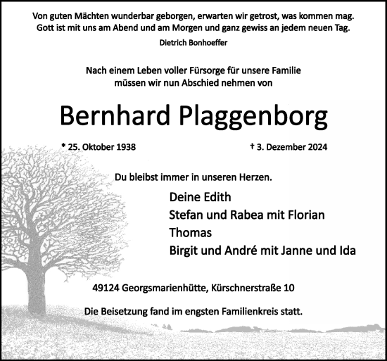 Traueranzeige von Beernhard Plaggenborg von Neue Osnabrücker Zeitung GmbH & Co. KG