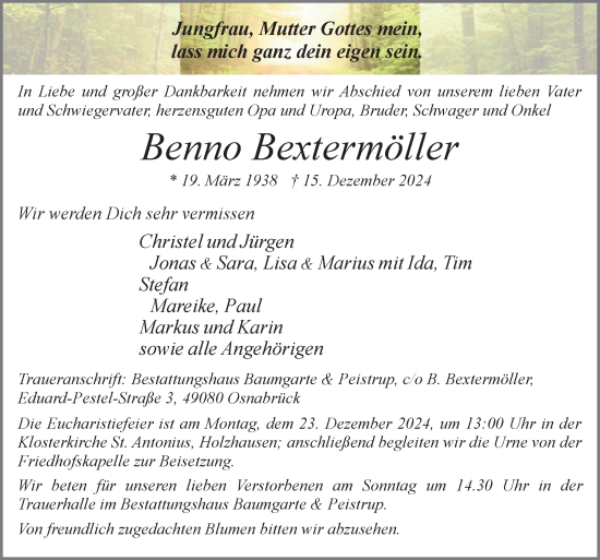 Traueranzeige von Benno Bextermöller von Neue Osnabrücker Zeitung GmbH & Co. KG