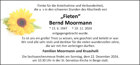 Traueranzeige von Bernd Moormann von Neue Osnabrücker Zeitung GmbH & Co. KG