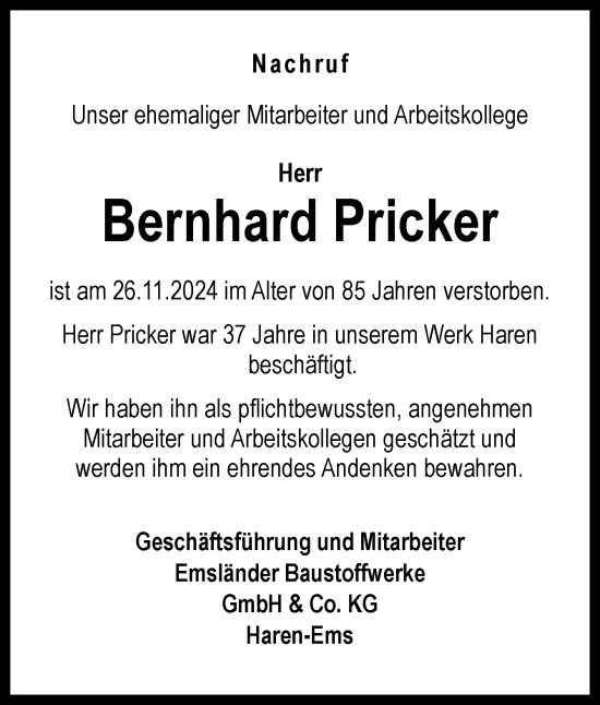 Traueranzeige von Bernhard Pricker von Neue Osnabrücker Zeitung GmbH & Co. KG