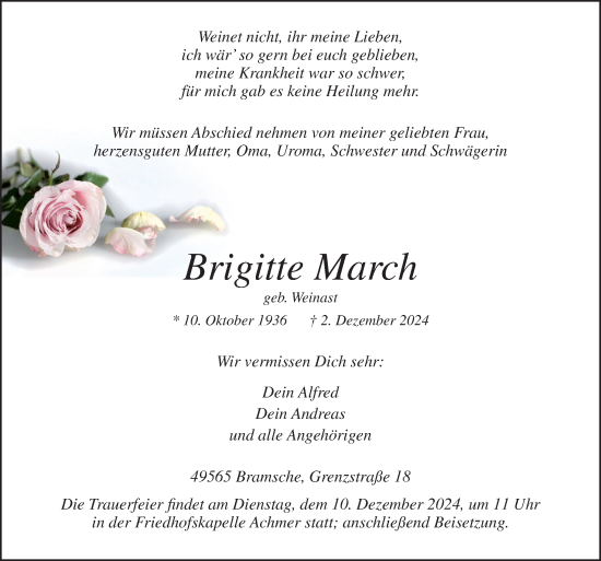 Traueranzeige von Brigitte March von Neue Osnabrücker Zeitung GmbH & Co. KG