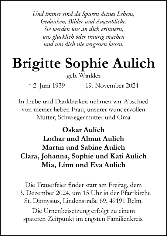 Traueranzeige von Brigitte Sophie Aulich von Neue Osnabrücker Zeitung GmbH & Co. KG