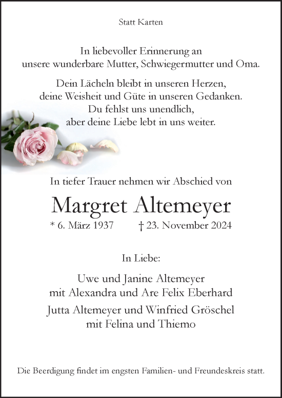 Traueranzeige von Margret Altemeyer von Neue Osnabrücker Zeitung GmbH & Co. KG