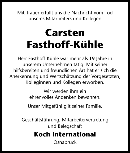 Traueranzeige von Carsten Fasthoff-Kühle von Neue Osnabrücker Zeitung GmbH & Co. KG