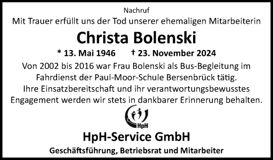 Traueranzeige von Christa Bolenski von Neue Osnabrücker Zeitung GmbH & Co. KG