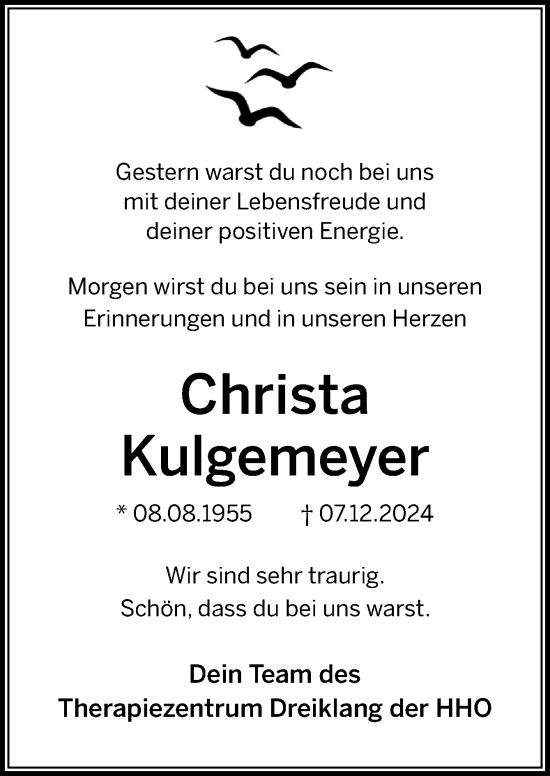 Traueranzeige von Christa Kulgemeyer von Neue Osnabrücker Zeitung GmbH & Co. KG