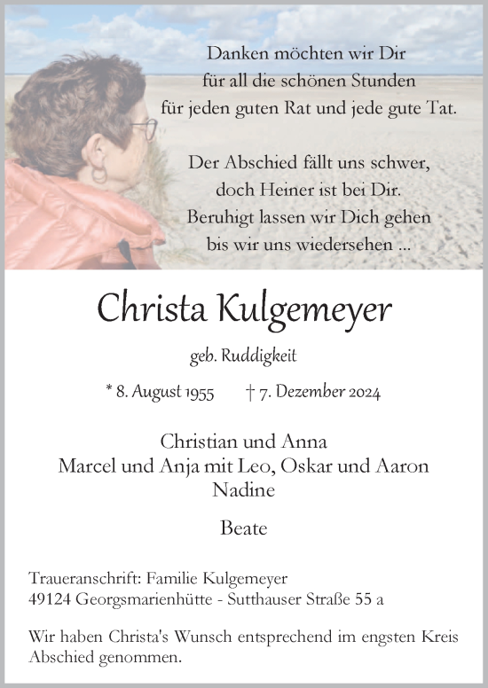 Traueranzeige von Christa Kulgemeyer von Neue Osnabrücker Zeitung GmbH & Co. KG