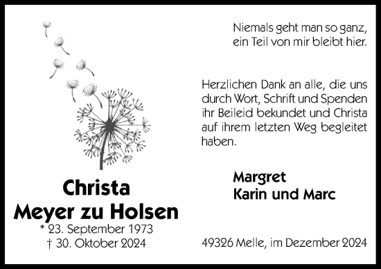 Traueranzeige von Christa Meyer zu Holsen von Neue Osnabrücker Zeitung GmbH & Co. KG