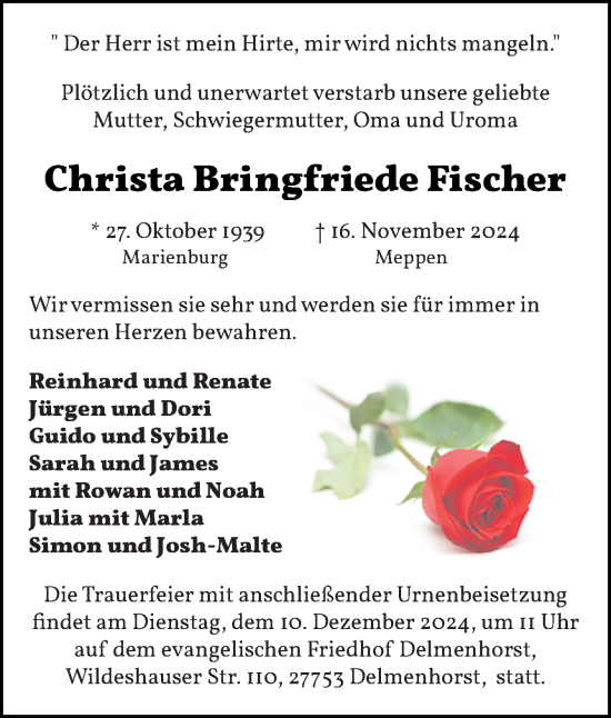 Traueranzeige von Christa Bringfriede Fischer von Neue Osnabrücker Zeitung GmbH & Co. KG