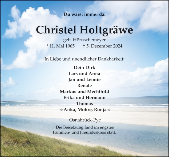 Traueranzeige von Christel Holtgräwe von Neue Osnabrücker Zeitung GmbH & Co. KG