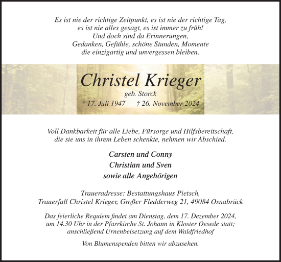 Traueranzeige von Christel Krieger von Neue Osnabrücker Zeitung GmbH & Co. KG