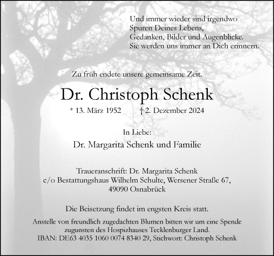 Traueranzeige von Christoph Schenk von Neue Osnabrücker Zeitung GmbH & Co. KG