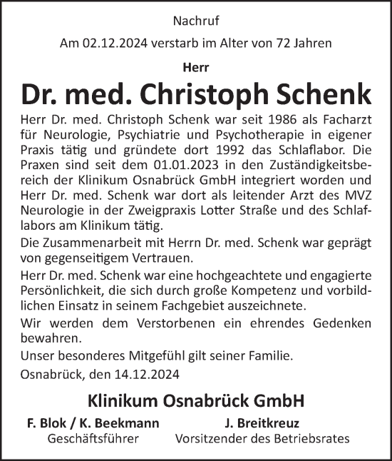 Traueranzeige von Christoph Schenk von Neue Osnabrücker Zeitung GmbH & Co. KG