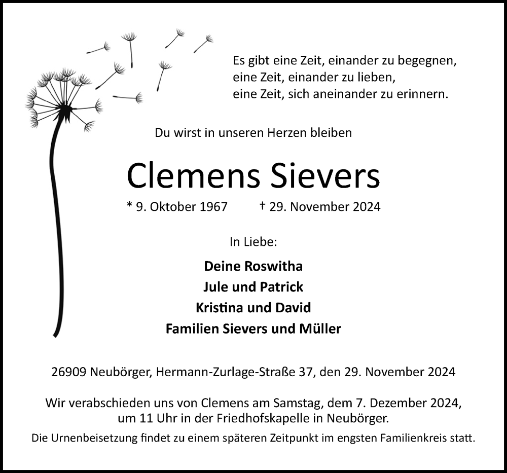  Traueranzeige für Clemens Sievers vom 03.12.2024 aus Neue Osnabrücker Zeitung GmbH & Co. KG