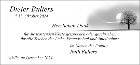 Traueranzeige von Dieter Bulters von Neue Osnabrücker Zeitung GmbH & Co. KG