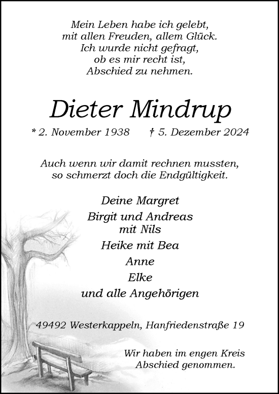 Traueranzeige von Dieter Mindrup von Neue Osnabrücker Zeitung GmbH & Co. KG