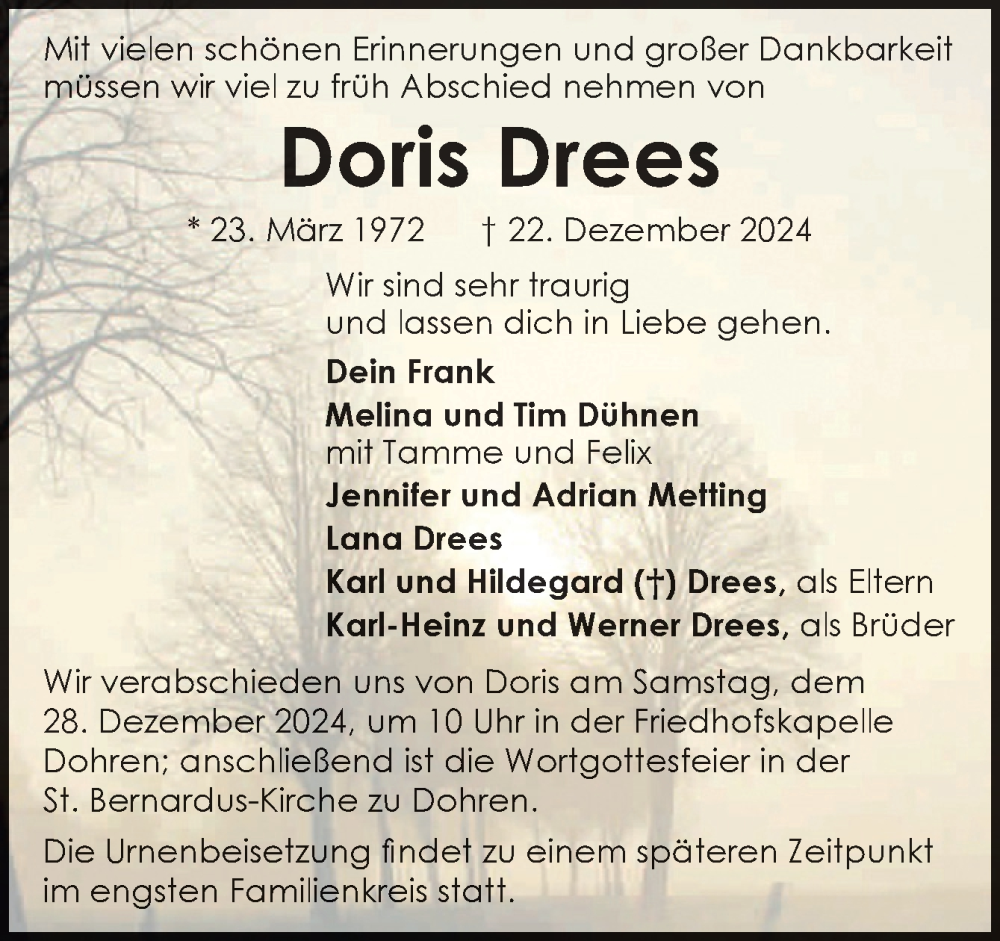  Traueranzeige für Doris Drees vom 27.12.2024 aus Neue Osnabrücker Zeitung GmbH & Co. KG