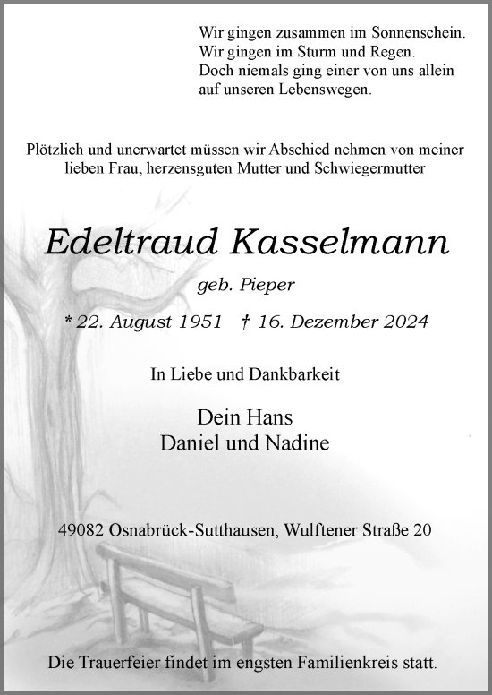 Traueranzeige von Edeltraud Kasselmann von Neue Osnabrücker Zeitung GmbH & Co. KG