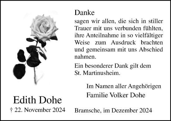 Traueranzeige von Edith Dohe von Neue Osnabrücker Zeitung GmbH & Co. KG