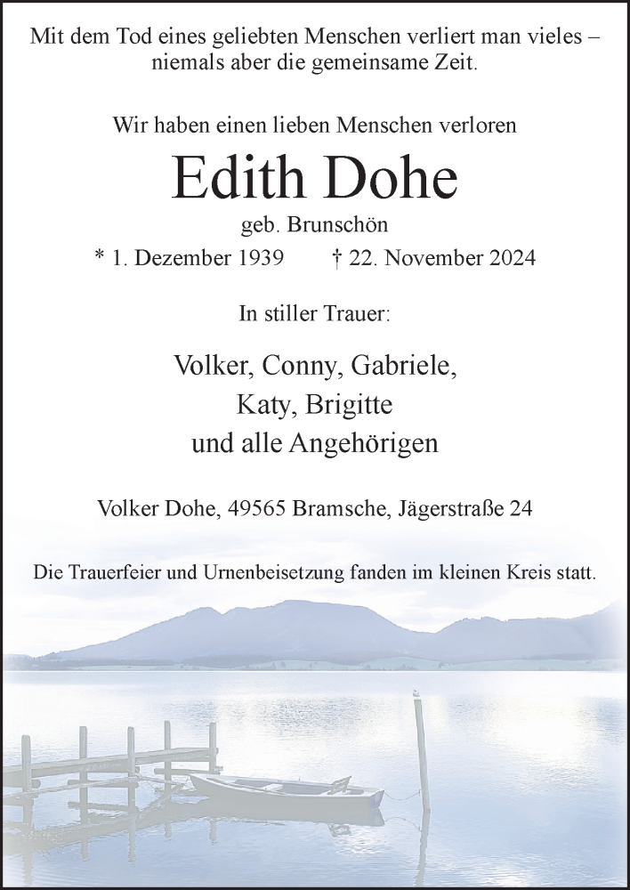  Traueranzeige für Edith Dohe vom 07.12.2024 aus Neue Osnabrücker Zeitung GmbH & Co. KG