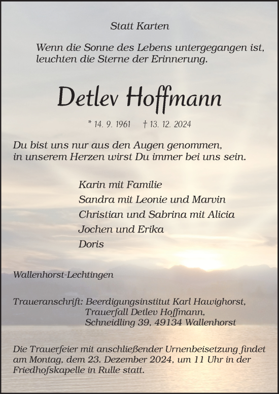 Traueranzeige von Detlev Hoffmann von Neue Osnabrücker Zeitung GmbH & Co. KG