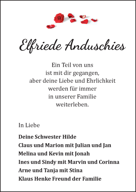 Traueranzeige von Elfriede Anduschies von DK Medien GmbH & Co. KG