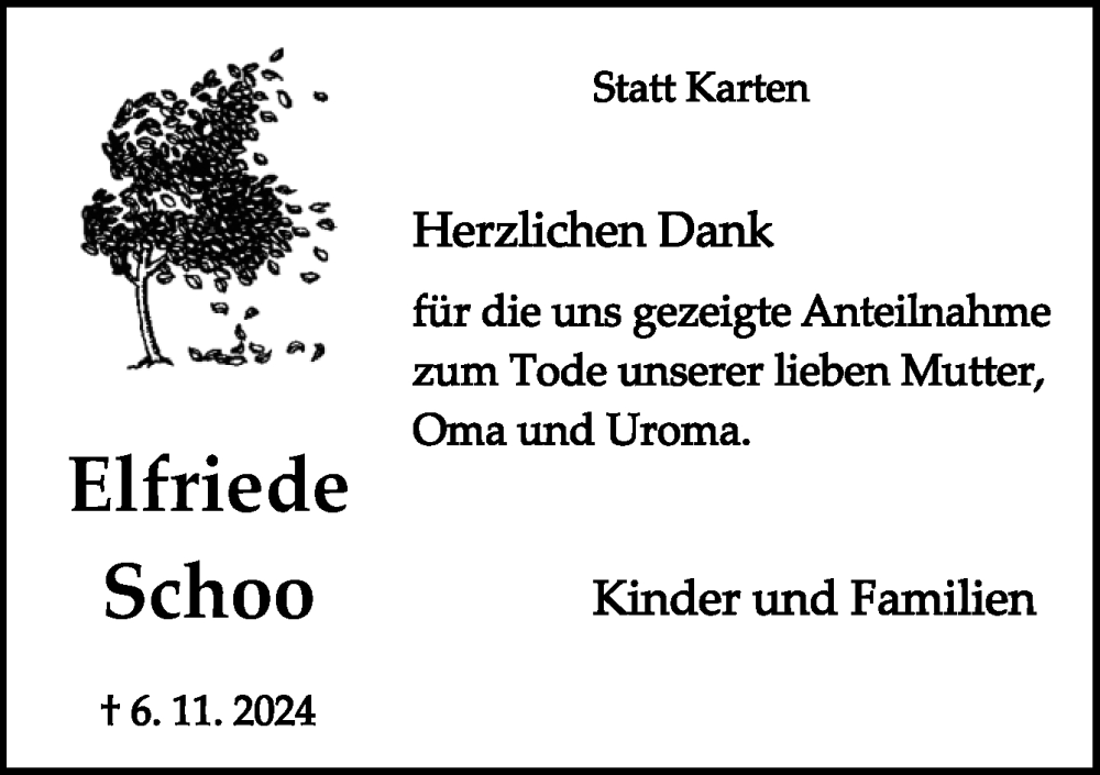  Traueranzeige für Elfriede Schoo vom 21.12.2024 aus Neue Osnabrücker Zeitung GmbH & Co. KG