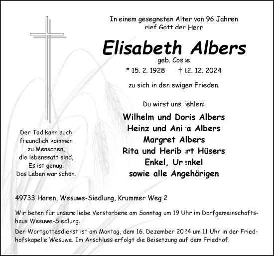 Traueranzeige von Elisabeth Albers von Neue Osnabrücker Zeitung GmbH & Co. KG