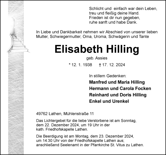 Traueranzeige von Elisabeth Hilling von Neue Osnabrücker Zeitung GmbH & Co. KG