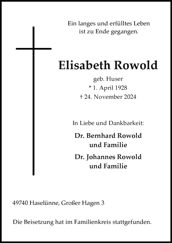 Traueranzeige von Elisabeth Rowold von Neue Osnabrücker Zeitung GmbH & Co. KG