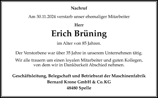 Traueranzeige von Erich Brüning von Neue Osnabrücker Zeitung GmbH & Co. KG