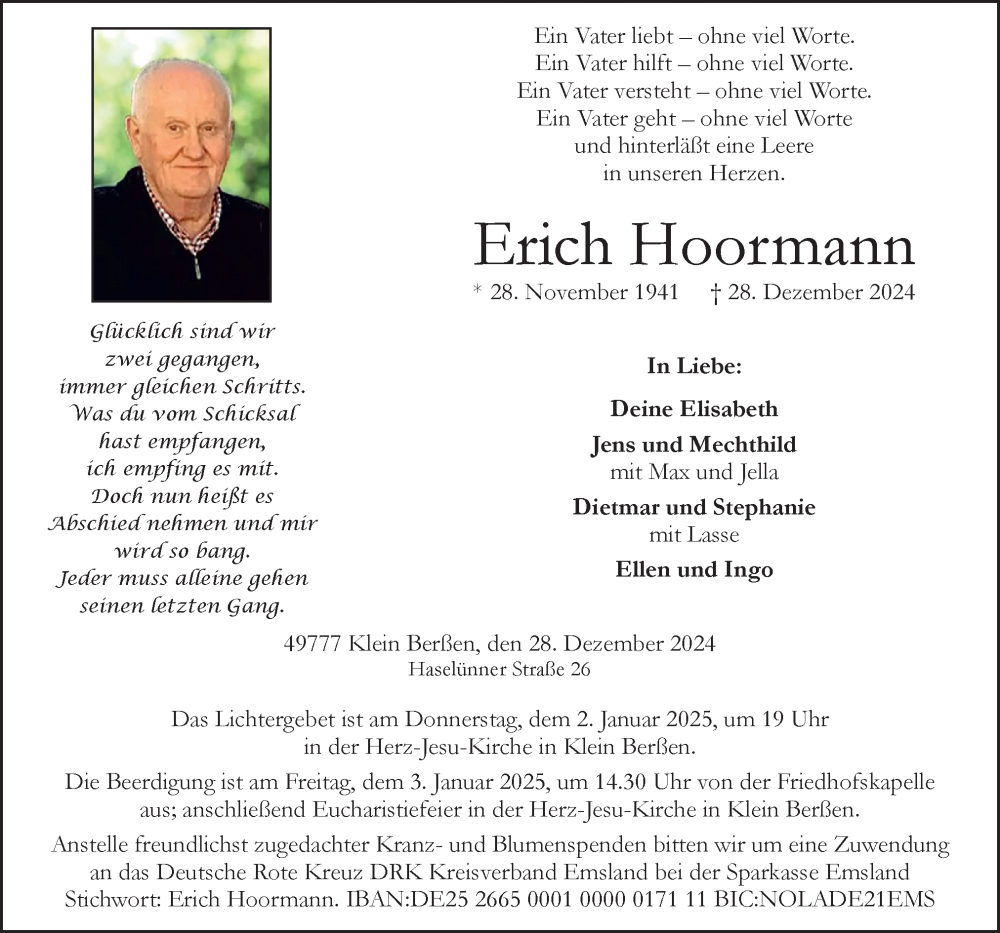  Traueranzeige für Erich Hoormann vom 30.12.2024 aus Neue Osnabrücker Zeitung GmbH & Co. KG