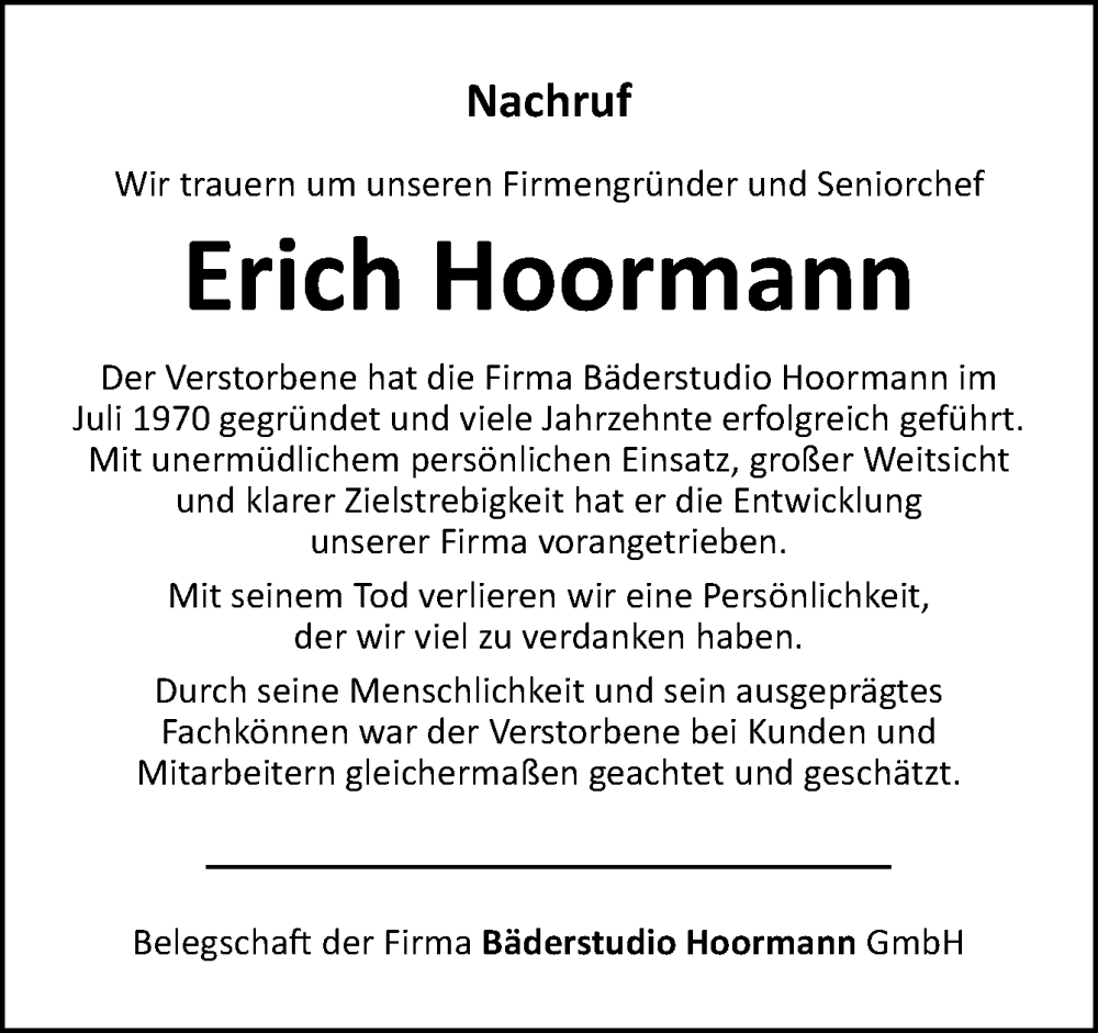  Traueranzeige für Erich Hoormann vom 31.12.2024 aus Neue Osnabrücker Zeitung GmbH & Co. KG