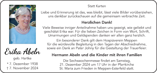 Traueranzeige von Erika Abeln von Neue Osnabrücker Zeitung GmbH & Co. KG