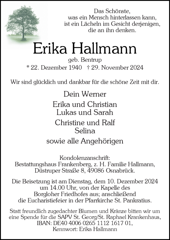 Traueranzeige von Erika Hallmann von Neue Osnabrücker Zeitung GmbH & Co. KG