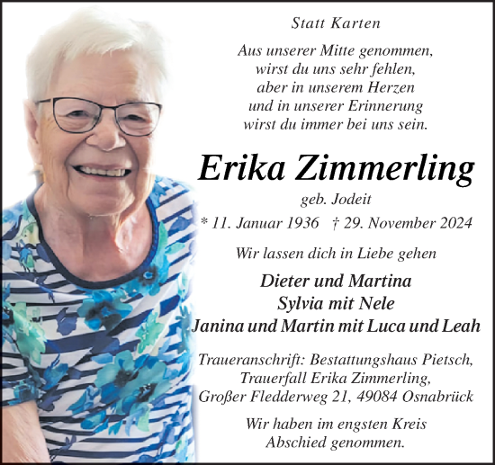 Traueranzeige von Erika Zimmerling von Neue Osnabrücker Zeitung GmbH & Co. KG