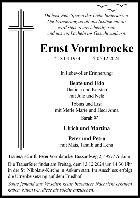 Traueranzeige von Ernst Vormbrocke von Neue Osnabrücker Zeitung GmbH & Co. KG