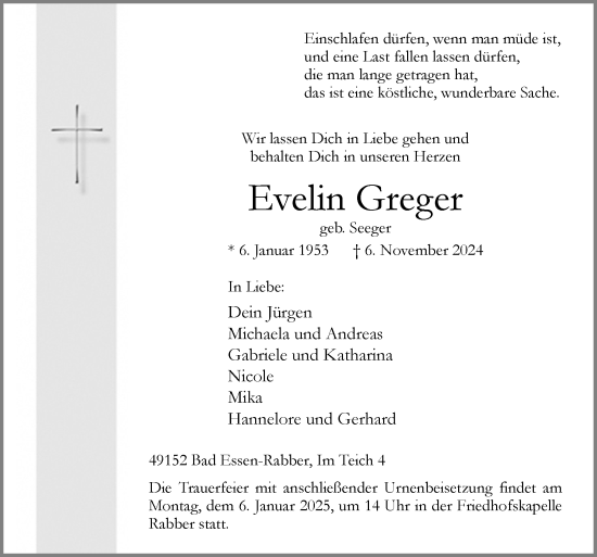 Traueranzeige von Evelin Greger von Neue Osnabrücker Zeitung GmbH & Co. KG