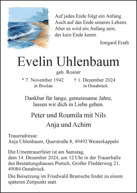 Traueranzeige von Evelin Uhlenbaum von Neue Osnabrücker Zeitung GmbH & Co. KG