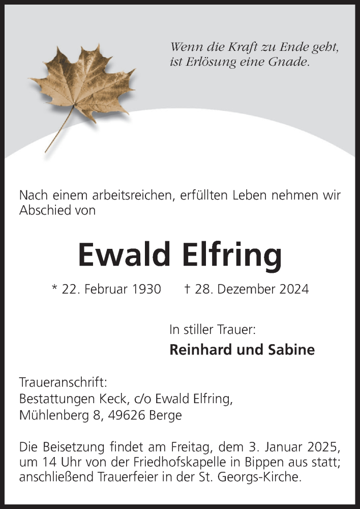  Traueranzeige für Ewald Elfring vom 31.12.2024 aus Neue Osnabrücker Zeitung GmbH & Co. KG