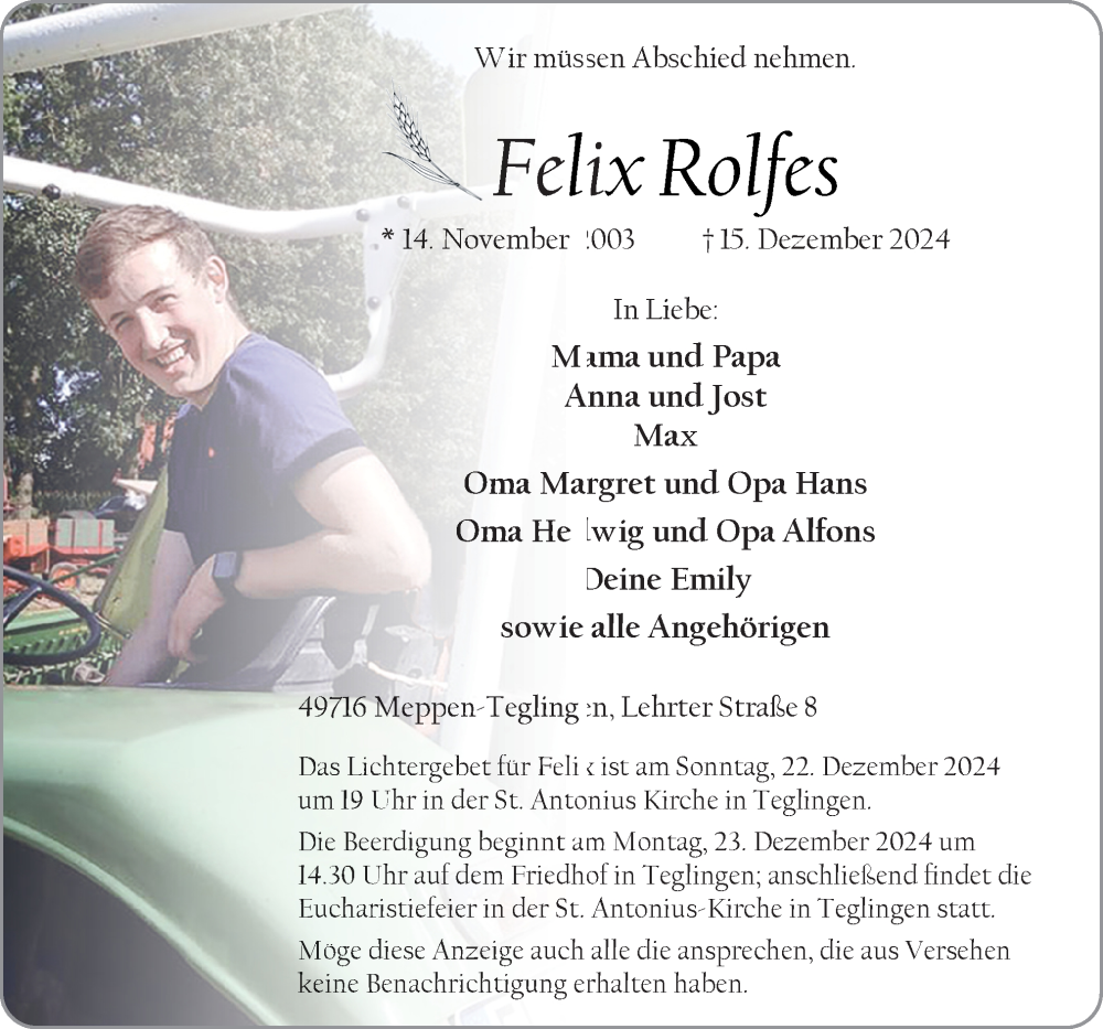  Traueranzeige für Felix Rolfes vom 18.12.2024 aus Neue Osnabrücker Zeitung GmbH & Co. KG