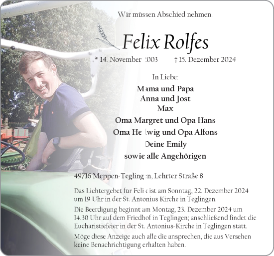 Traueranzeige von Felix Rolfes von Neue Osnabrücker Zeitung GmbH & Co. KG