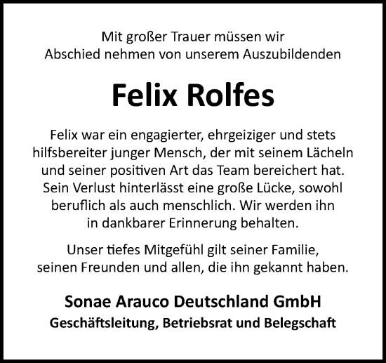 Traueranzeige von Felix Rolfes von Neue Osnabrücker Zeitung GmbH & Co. KG
