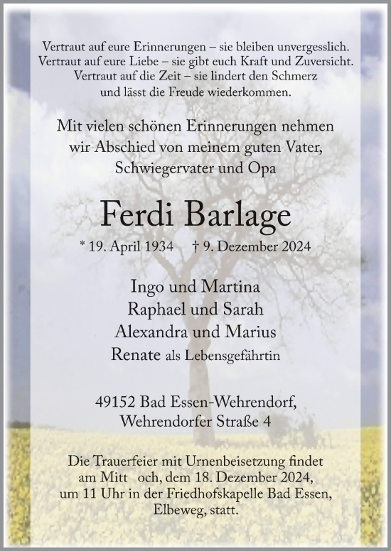 Traueranzeige von Ferdi Barlage von Neue Osnabrücker Zeitung GmbH & Co. KG