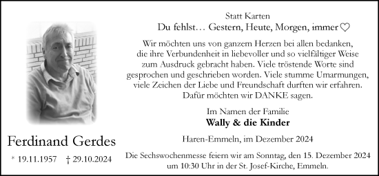 Traueranzeige von Ferdinand Gerdes von Neue Osnabrücker Zeitung GmbH & Co. KG