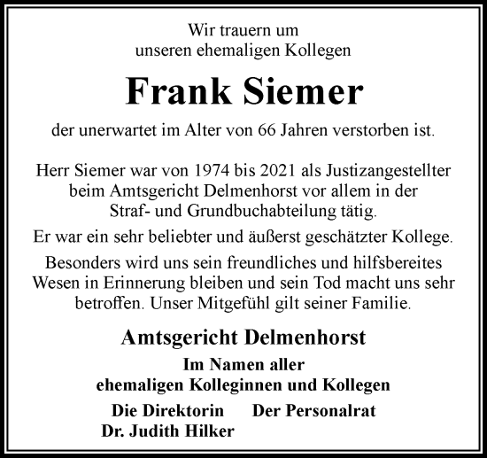 Traueranzeige von Frank Siemer von DK Medien GmbH & Co. KG