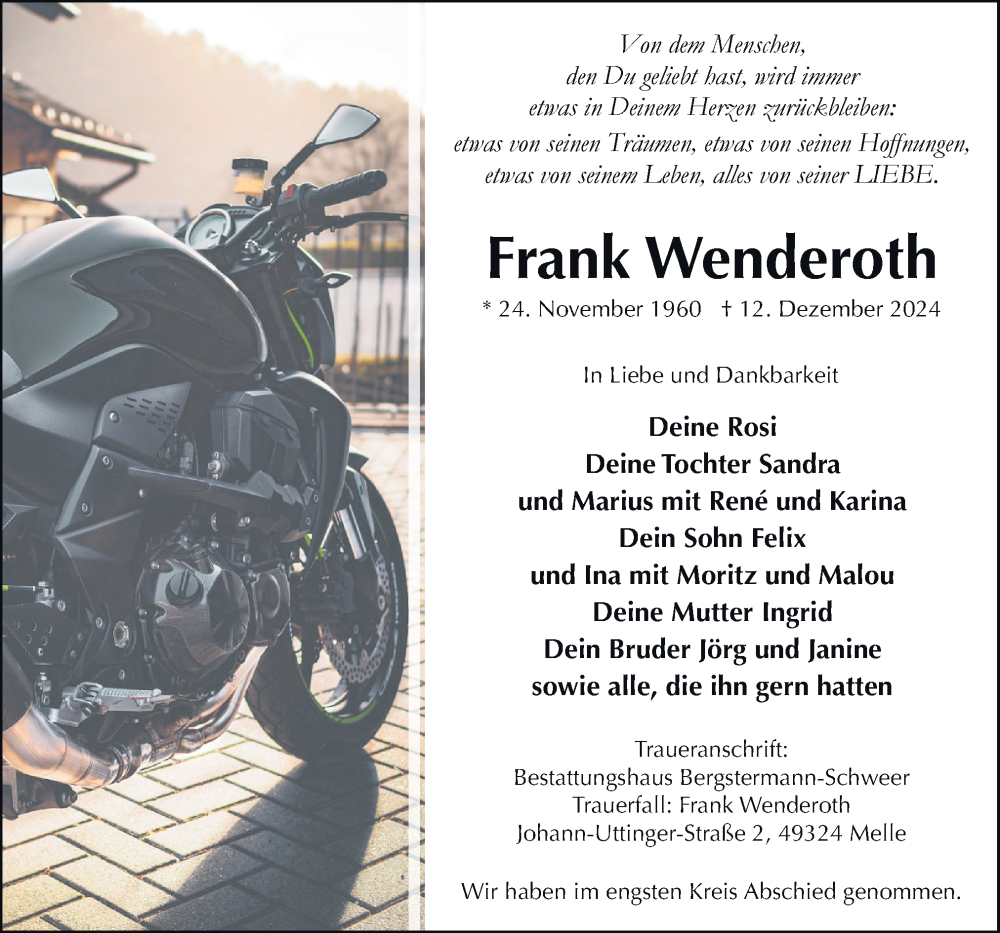  Traueranzeige für Frank Wenderoth vom 21.12.2024 aus Neue Osnabrücker Zeitung GmbH & Co. KG