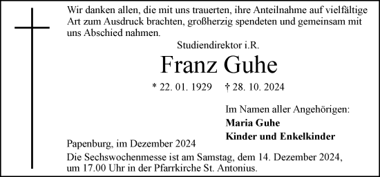 Traueranzeige von Franz Guhe von Neue Osnabrücker Zeitung GmbH & Co. KG