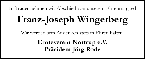 Traueranzeige von Franz-Joseph Wingerberg von Neue Osnabrücker Zeitung GmbH & Co. KG