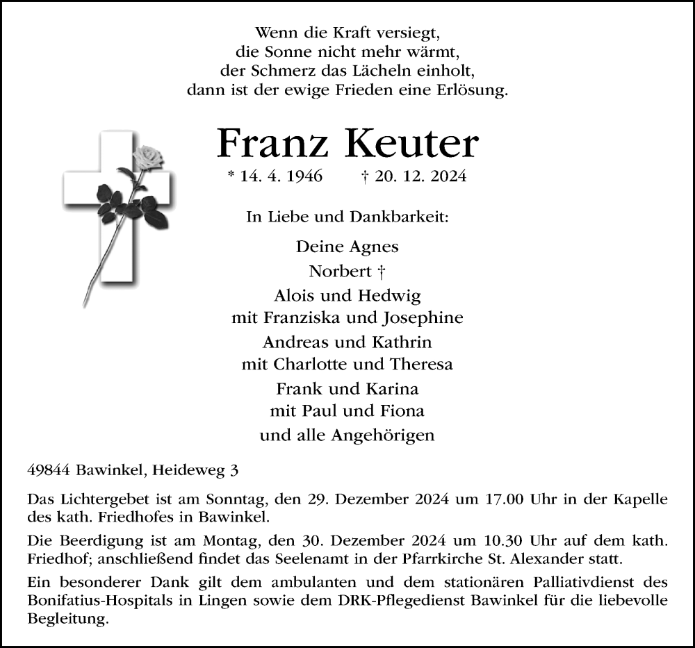  Traueranzeige für Franz Keuter vom 24.12.2024 aus Neue Osnabrücker Zeitung GmbH & Co. KG